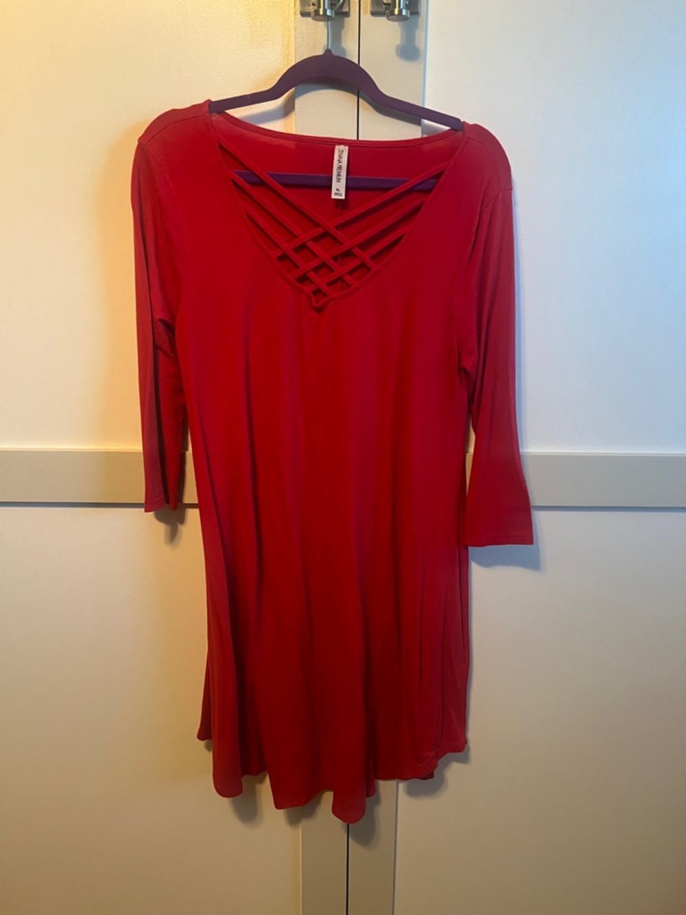 Zenana Outfitters Red Lattice V-Neck Long Sleeve Dress
